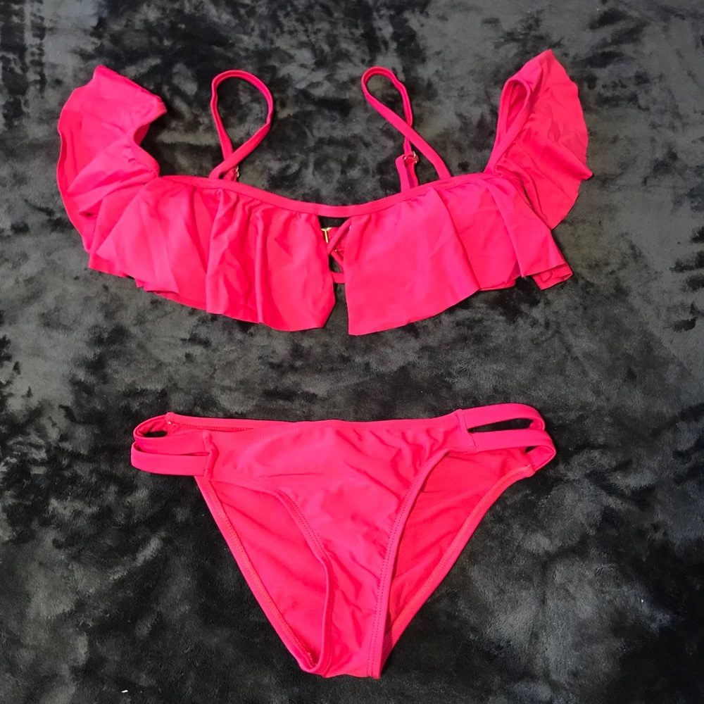 Cali For Nia fuschia ruffled off shoulder bikini